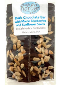 Dark Chocolate Bar with Maine Blueberries and Sunflower Seeds in packaging.