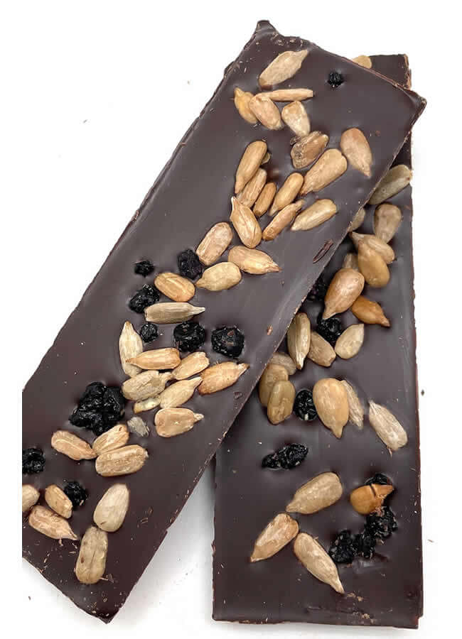 Dark Chocolate Bar with Maine Blueberries and Sunflower Seeds.