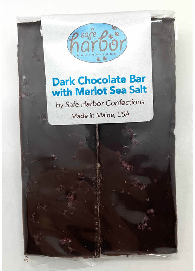 Dark Chocolate Bar with Merlot Sea Salt in packaging.