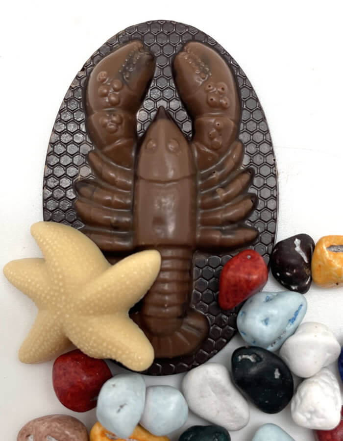 Milk chocolate Lobster on dark chocolate base.